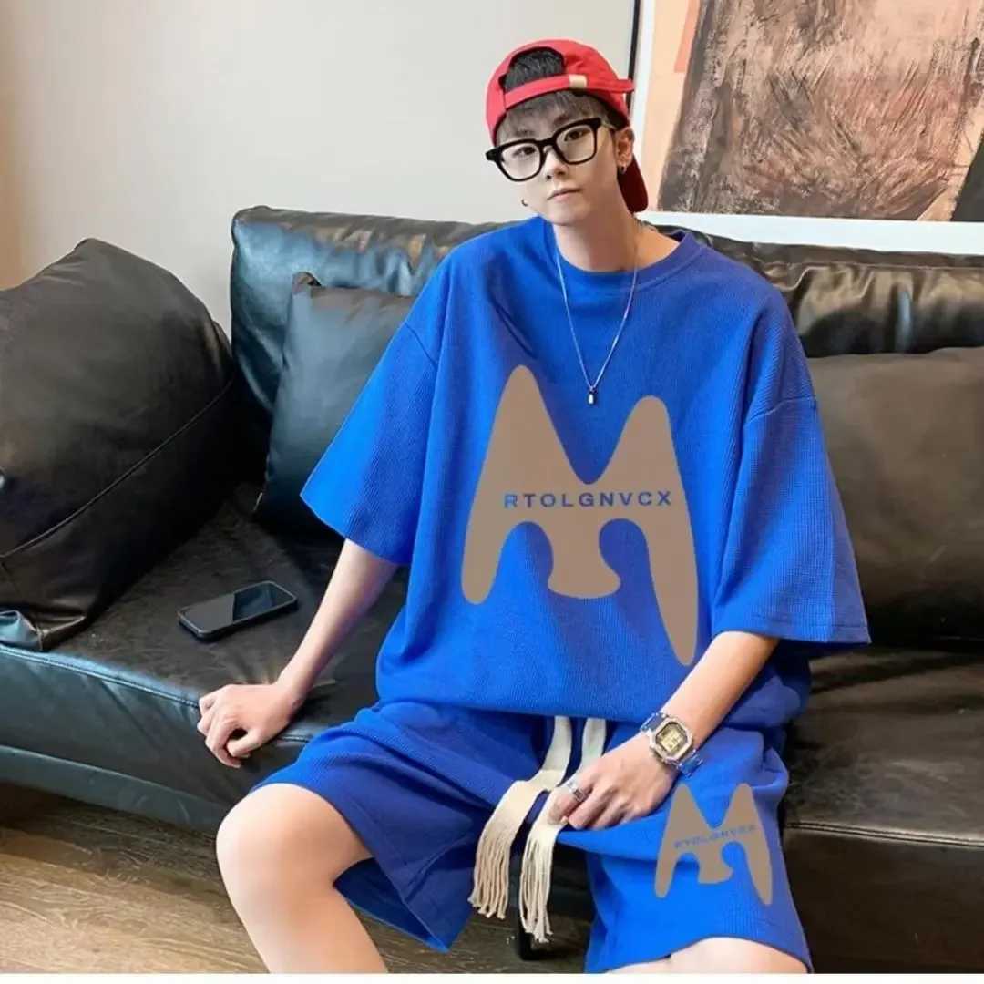 Teenage walking inspection sportswear mens summer casual fat T-shirt shorts 2-piece set Korean cool matching setXJ250412
