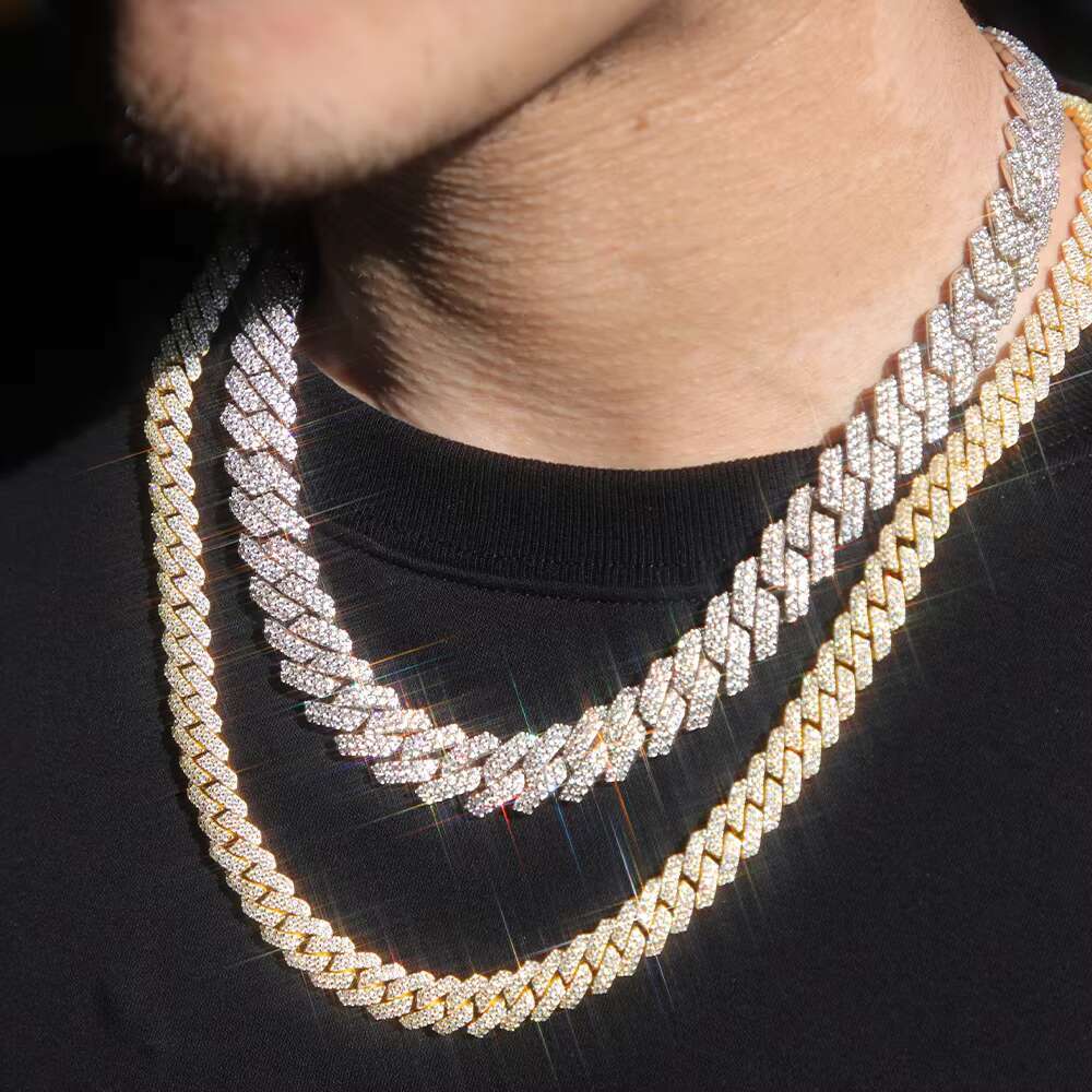 Yy RTS Iced Out 2rows VVS Moissanite Cuban Link Chian 925 Silver Fine Jewelry Necklaces for Men Pass Diamond Tester