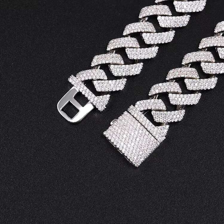 Wholesale Silver 925 Wide 15mm 3 Rows Plated White Gold Cuban Necklace with GRA D/VVS Moissanite