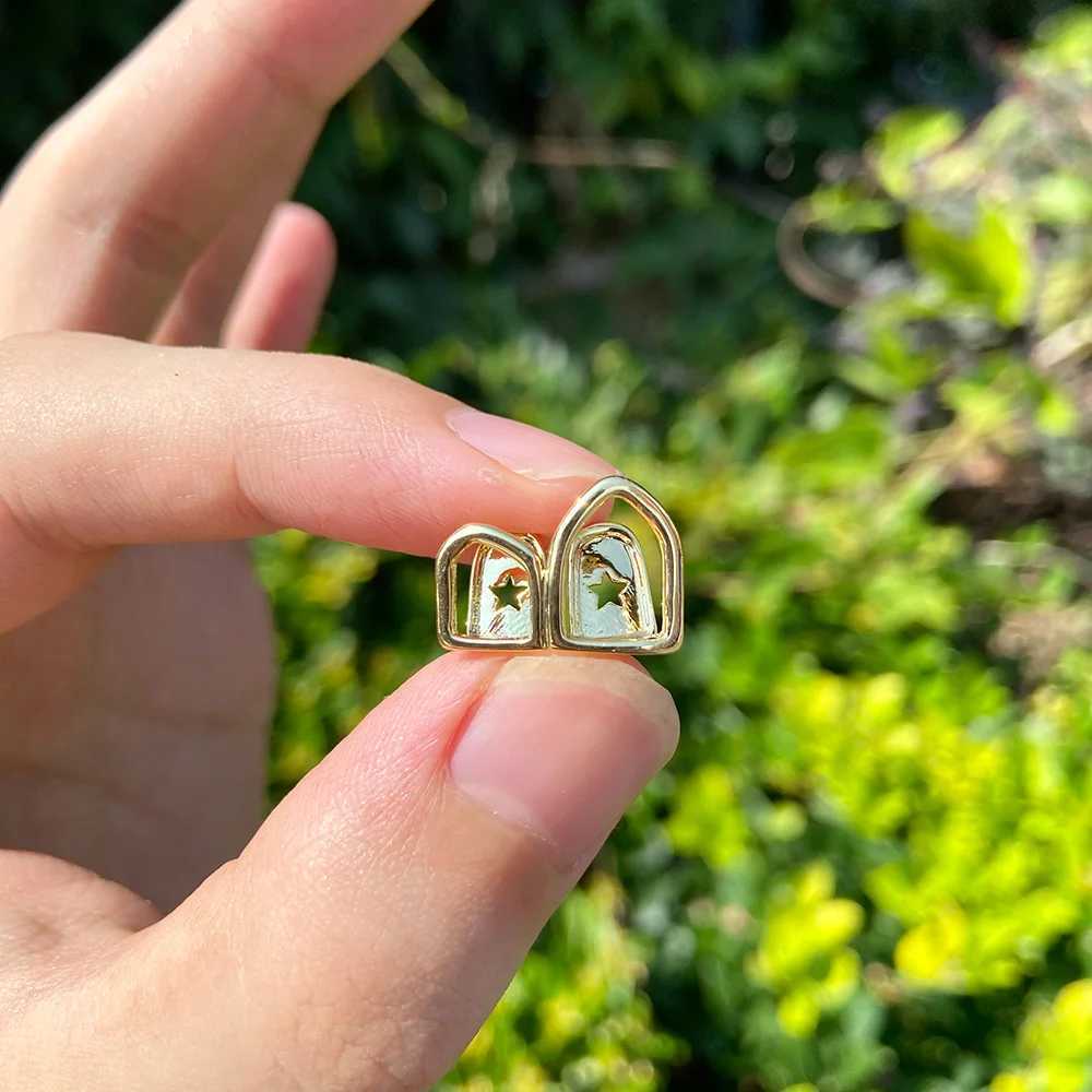 Rachelz Hip Hop Hollow Double Teeth Grillz Punk 14K Gold Plated Hat Decorative Bracket Mens Jewelry Dental Grill W250412