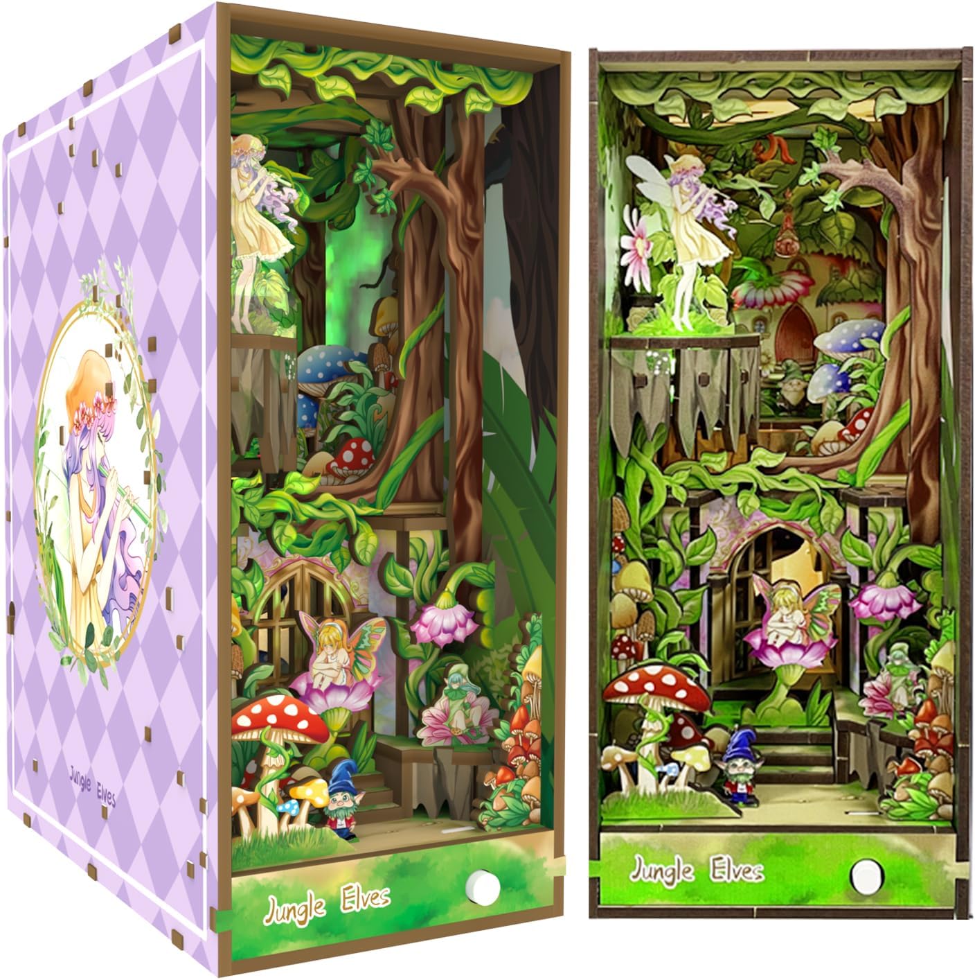 Jungle Elves & Unicorn Themed DIY Assembled Bookend, Exquisite Wooden Craft with LED Light Effect, Creative Bookshelf Insert Decor-L0319P