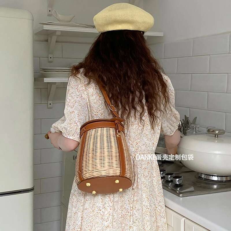 Bucket Single Shoulder Rattan Niche Design Bamboo Woven Portable Picnic Vegetable Basket Bag
