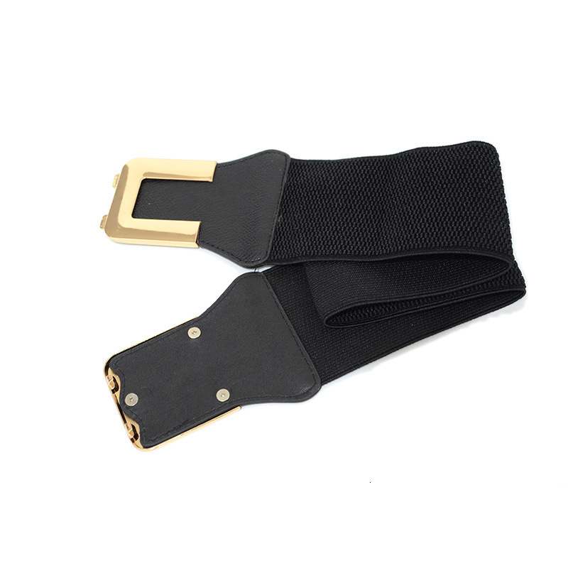 Fashionable minimalist women's black elastic wide waistband with gold buckle decorative skirt, coat, versatile and slim fit waist seal