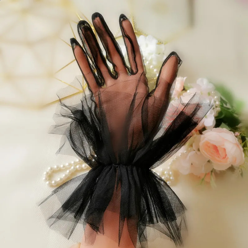 Short Sheer Tulle Gloves Wedding Bride Dress Gloves Fashion White Black Dot Transparent Mitten Wrist Length Bridal Gloves Women 250408