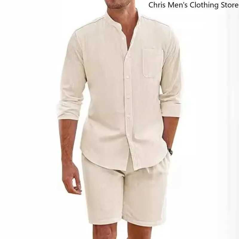 Hot selling comfortable and breathable soft shirts and shorts mens beach vacation mens cotton linen long sleeved two-piece setXJ250412