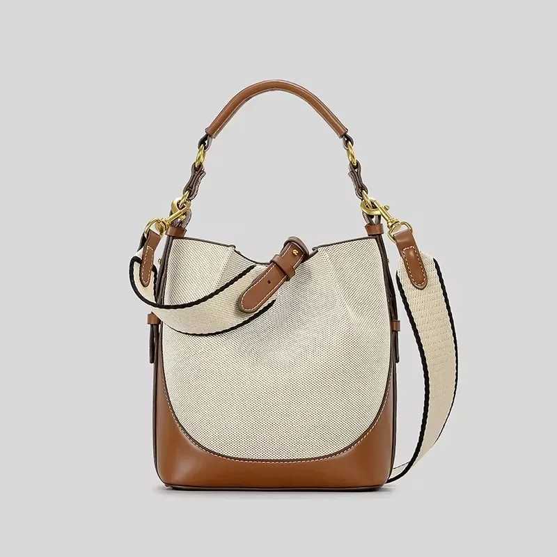 Fi panel canvas bucket bag designer womens handbag luxury Pu leather shoulder cross body bag bandwidth shoulder strap handbagXJ250412