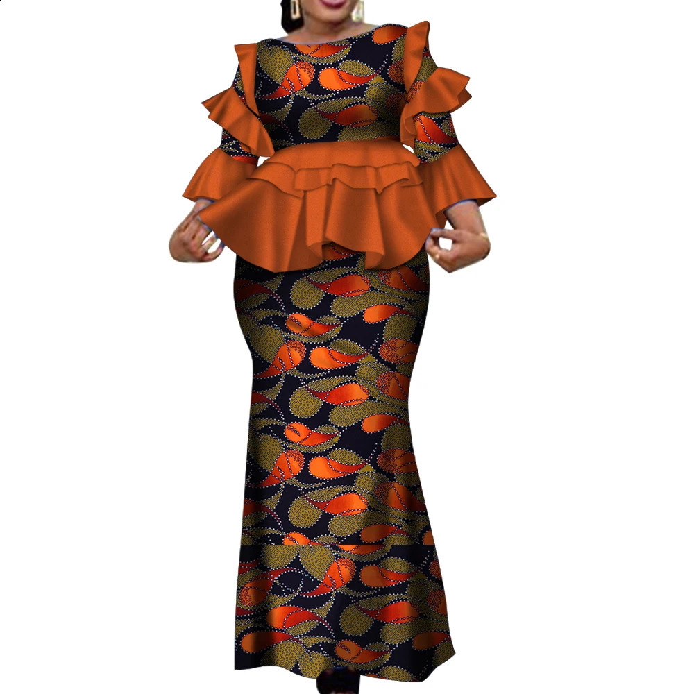 African Two Piece Outfits Set for Women Fashion Dashiki Ruffle Clothes Bazin Plus Size Clothing Party WY4142 250411
