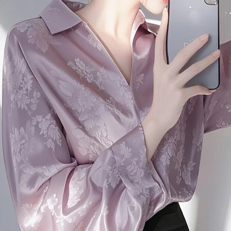 Womens Long Sleeve Shirt Purple Satin Jacquard Pullover Spring Autumn Loose Blouses Shirt Fashion Blouse Unique Beautiful 250411