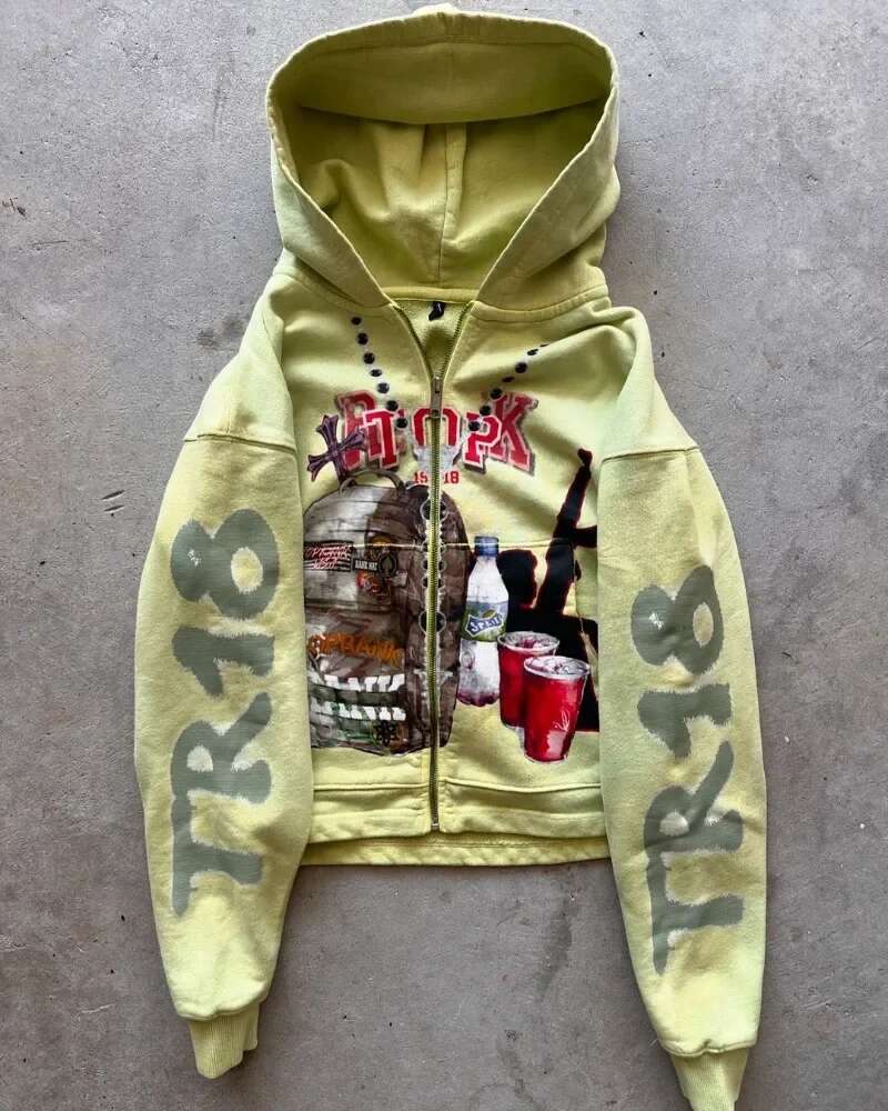 Haruku Hip-hop Fashion Personality Retro Anime Print Oversized Hoodie Men Y2k Casual Loose Versatile Zipper Sweatshirt Women