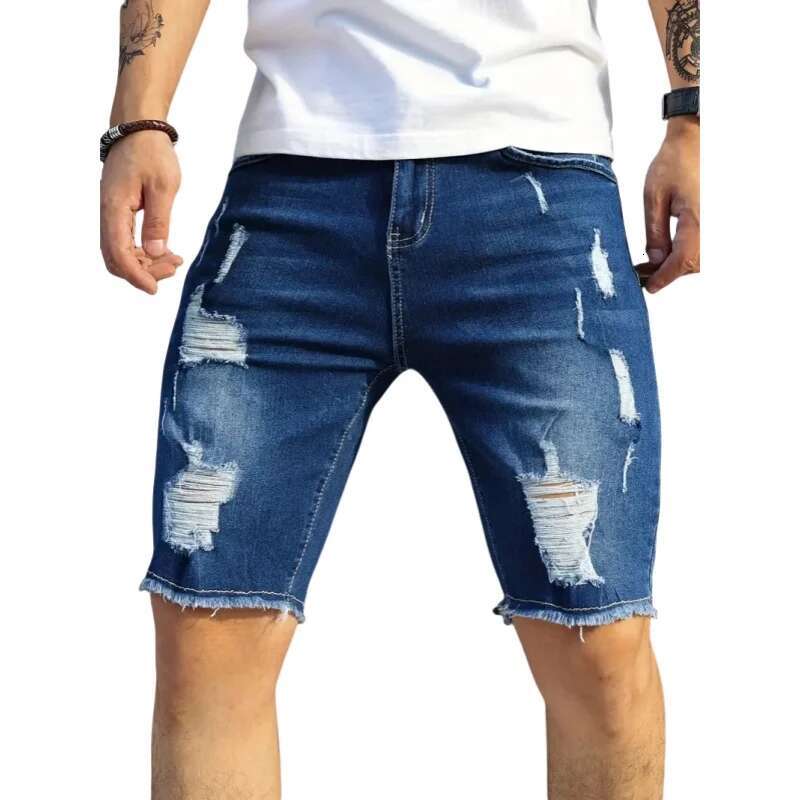 Men's Summer Casual Personality Irregular Foot Denim Shorts Wool Ripped Vintage Street Fifth Jeans