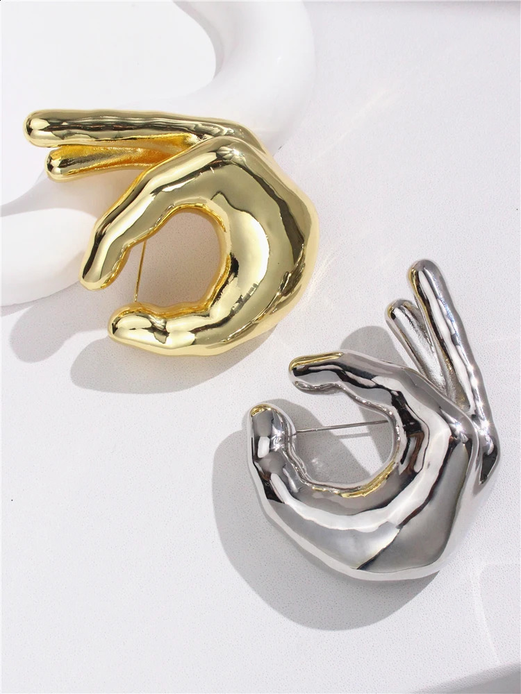 HUANQI Glossy Metal OK Gesture Hand drawn Palm Chest Suitable for Girls Competition Set Shawl Pin Creative Accessories 250407