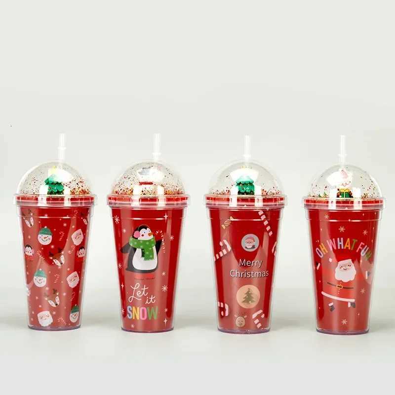 Christmas New Double-layer Straw Coffee Mug Xmas Plastic Cup Home Micro Landscape Christmas Gift Couple Water Cup Wholesale LIJIAO Y251112