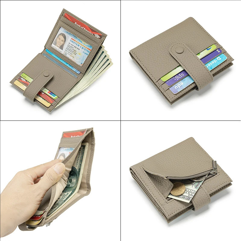 Genuine leather womens RFID blocking ultra-thin mini short wallet womens double fold wallet with 9 card slots and 1 coin pocket 250411
