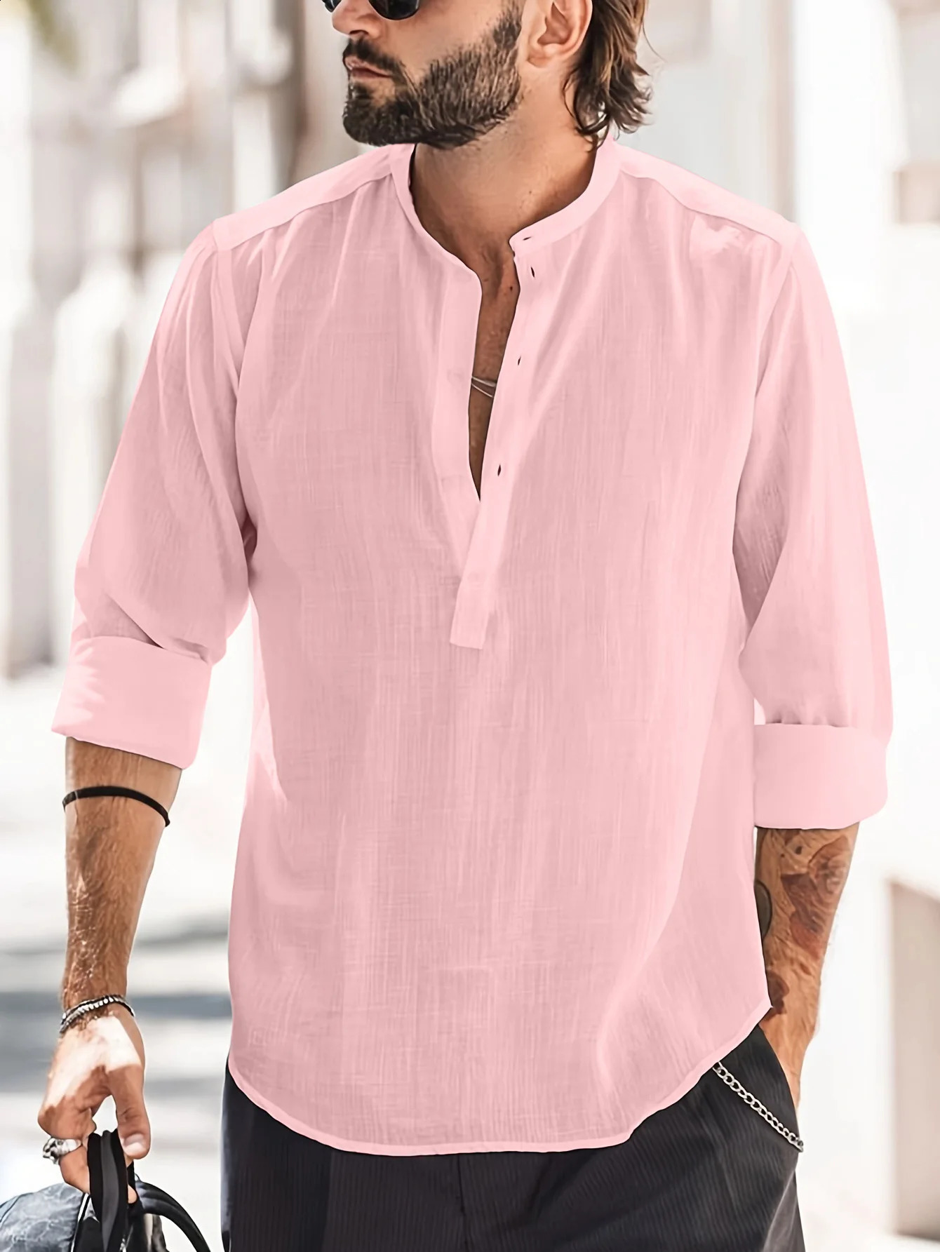 European American Foreign Trade Mens Casual Stand-up Collar Solid Color Long-sleeved Shirt Slub Cotton and Linen Shirt 250411