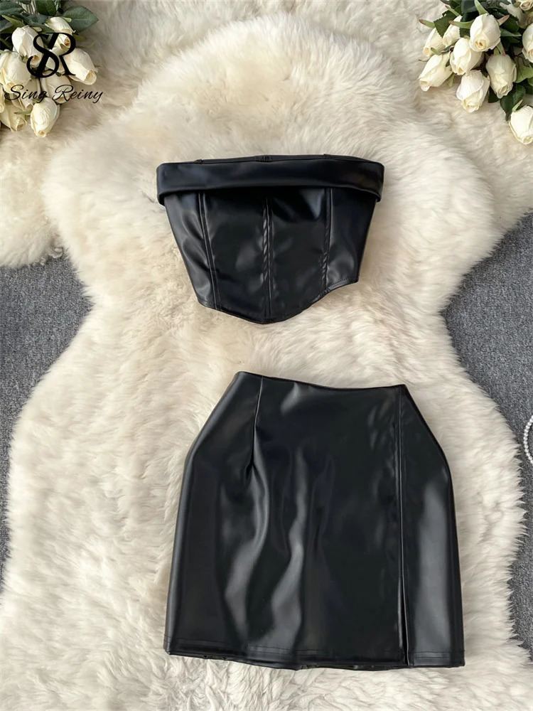 SINGREINY sweet Leather Suits for Women Strapless Mini Camis Zip Bodycon Skirt Slim High Street Fashion Sexy Two Pieces Suit 250411