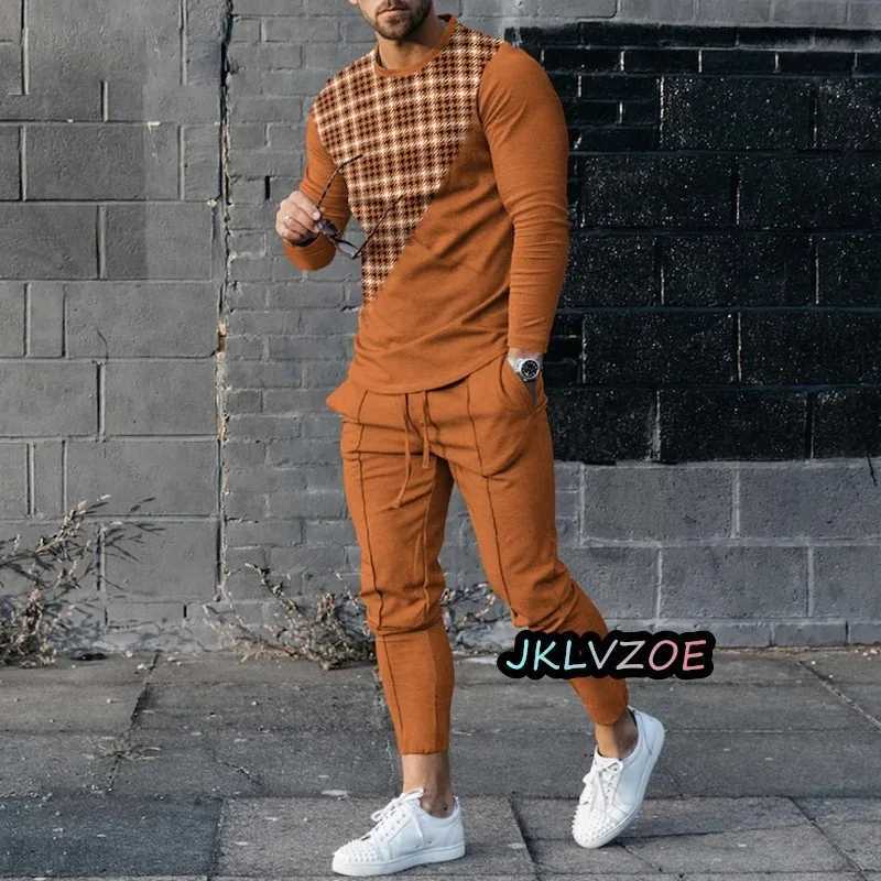 Autumn mens track suit set printed long sleeved T-shirt Trouser 2-piece set 3D striped streetwear oversized casual setXJ250412