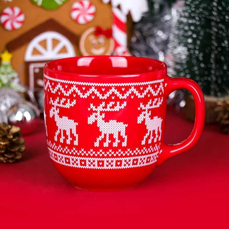 Christmas 350ml Premium Ceramic Christmas Mug Red Cup With Cartoon Reindeer Handle Design For Coffee Milk Water Xmas Gifts Y251112