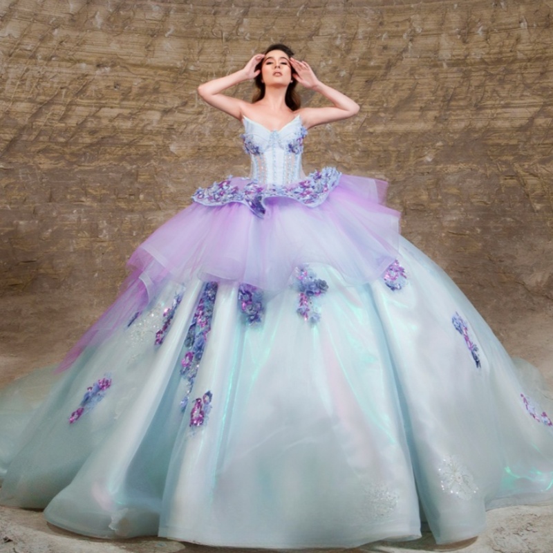 Sky Blue Shiny Princess Quinceanera Dresses Off Shoulder Beads Applique Flower Tull Sweet 16 Dress Ball Gown Vestidos 15 Anos