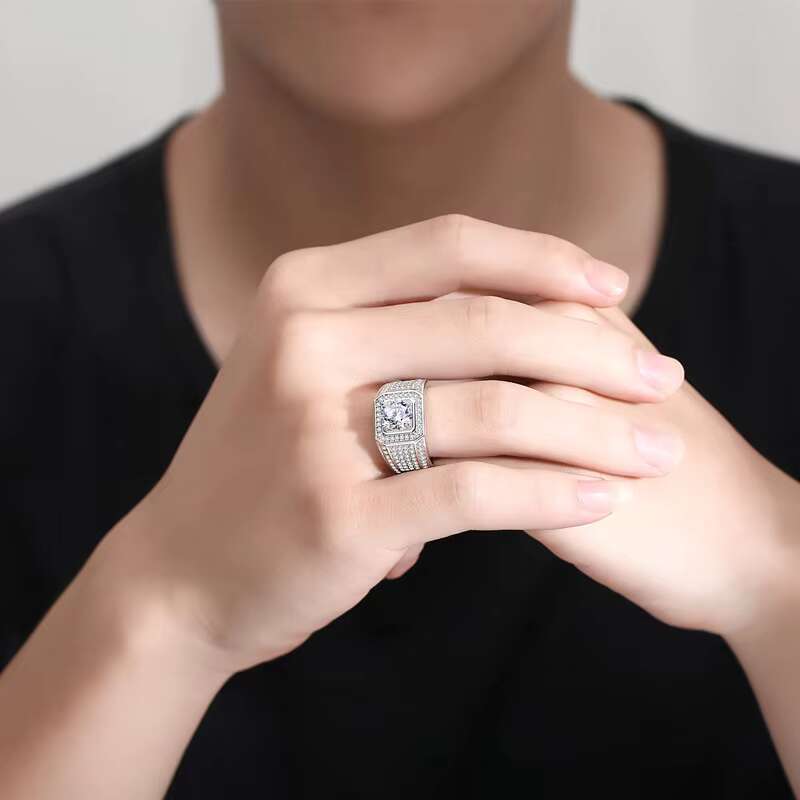 Husky Jewelry Full Star Deluxe Wide Edition Mens Diamond Sterling Silver Moissanite Ring of Men