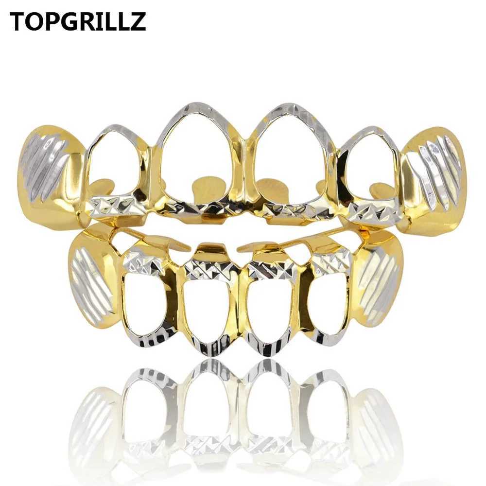TOPGRILLZ D-Cut Grilz Set Pure Gold Plated Upper and Lower Teeth 4-Open Hip Hop Grill Hollow Teeth Grill Set W250412