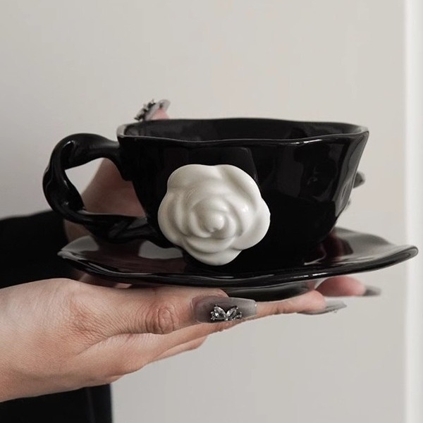 Designer Irregular Camellia Bone China Luxury Cup Set, Elegant Coffee Cups, High-End Ceramic Mugs with Saucers, Complete Set, Sophisticated Gift