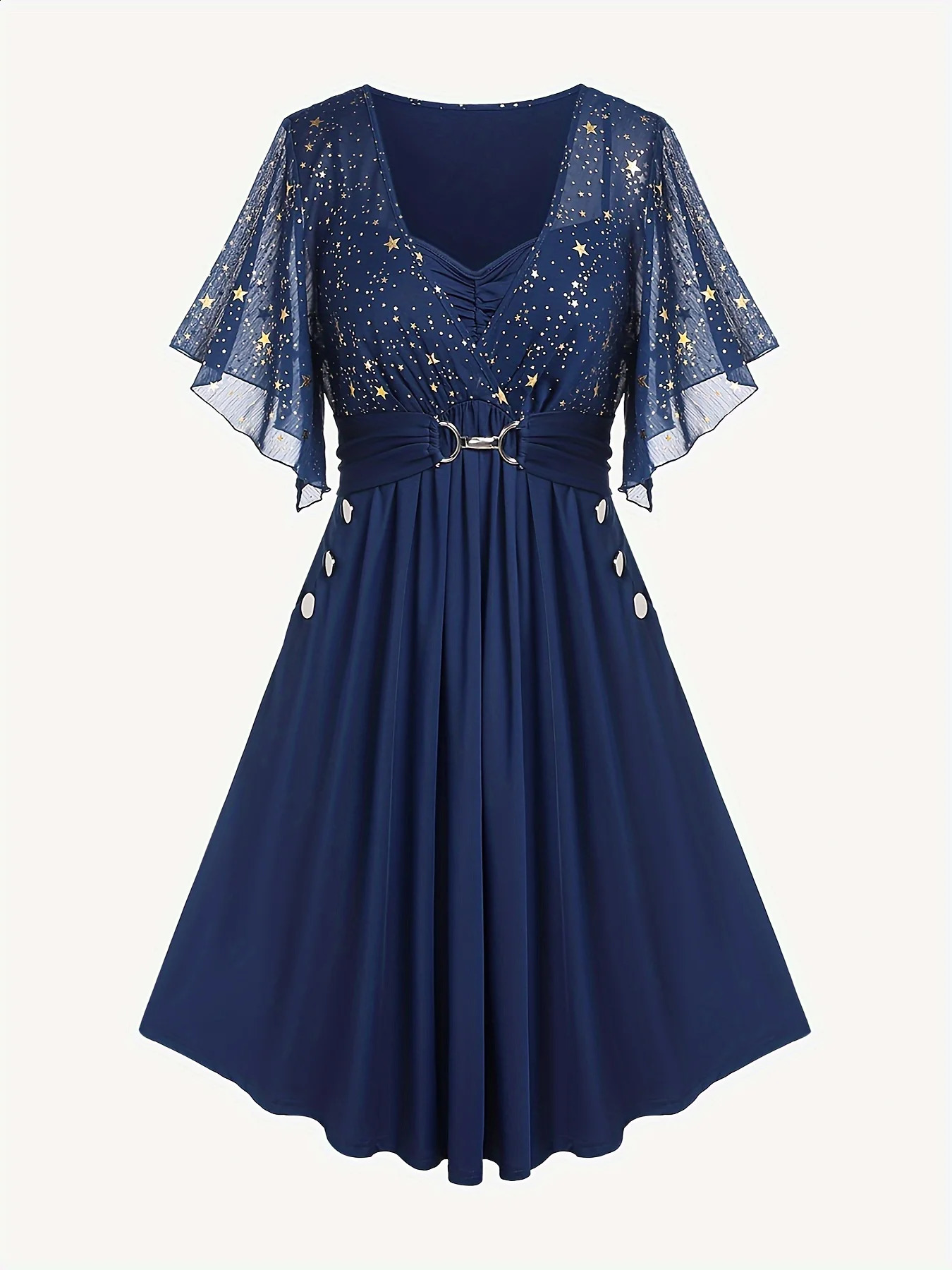 Fashionable womens plus size explosive star print button pocket pleated butterfly sleeves elegant warm dress 250411