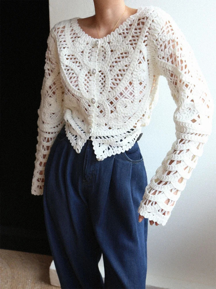 Women Handmade Hollow-out Slim Fit Cardigan 2025 Fashion Trends Crochet Sweater Spring Summer White Knit Bohemain Top 250411