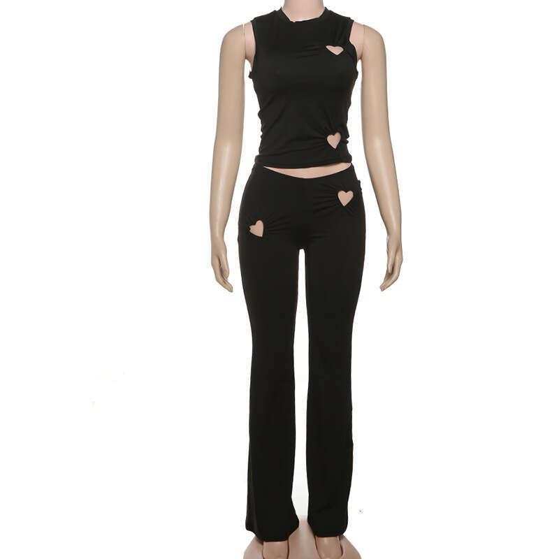 Women's Wear Spring/Summer New Women's Clothing Personalized Fashion Love Hollow Solid Color Simple Sleeveless Tank Top Pants Set