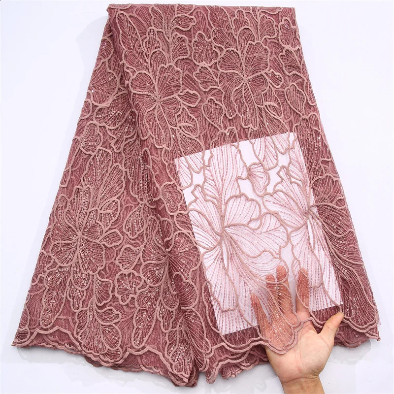 African Milk Silk Mesh Lace with Sequins 2025 French Net Lace Fabric Sewing Embroidered Lace Tulle Nigerian Women Wedding Dress 250407