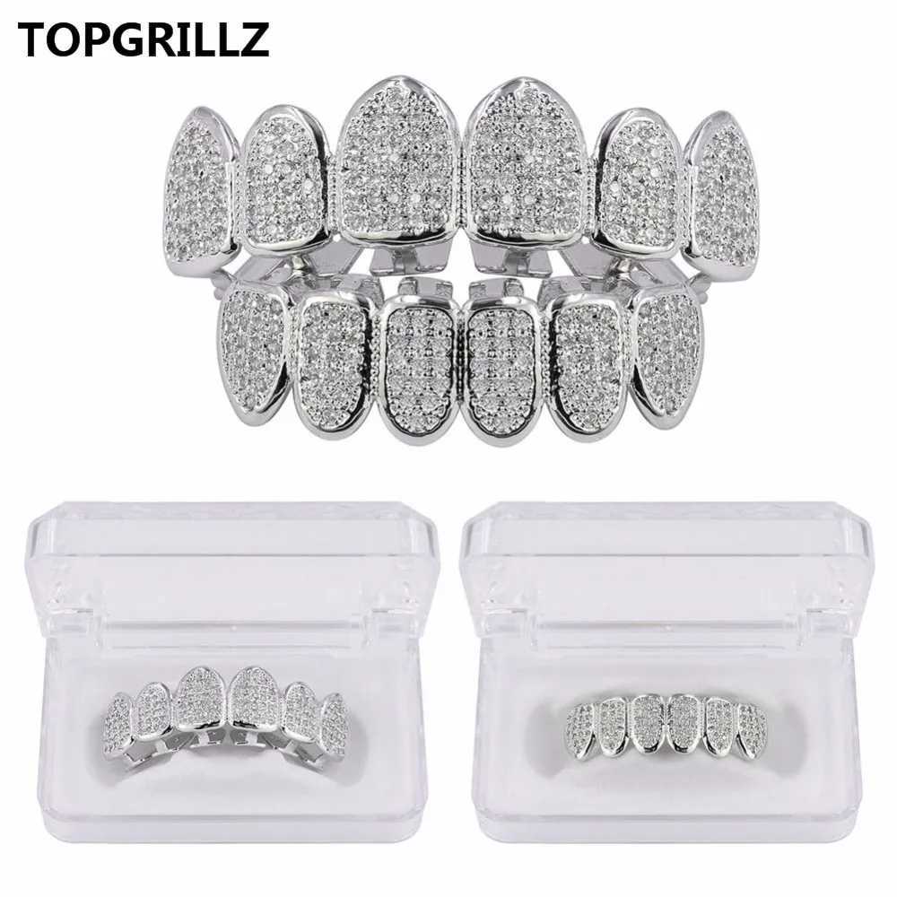 TOPGRILLZ Hip Hop Gold Color Plated Teen Grillz Caps CZ Micro Pave Exclusive Luxury Top and Bottom Gold Grillz Set Shipped from the United States W250