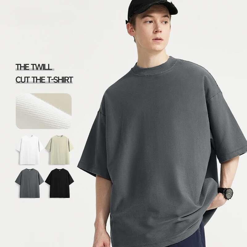 Designer Twill Fabric Minimalism Blank T-Shirts Men 250Grams Distressed Collar 100% Cotton Oversized Tshirts