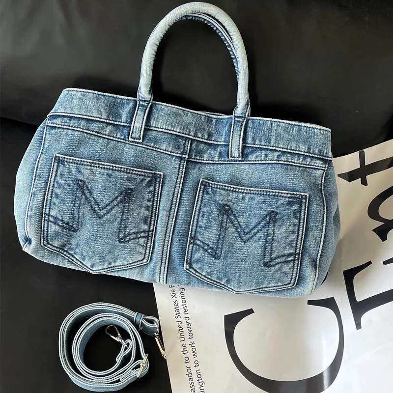 Niche Women's Design Trend Retro Distressed Denim & PU Tote New Large Capacity Simple Fashion Portable Shoulder Bag