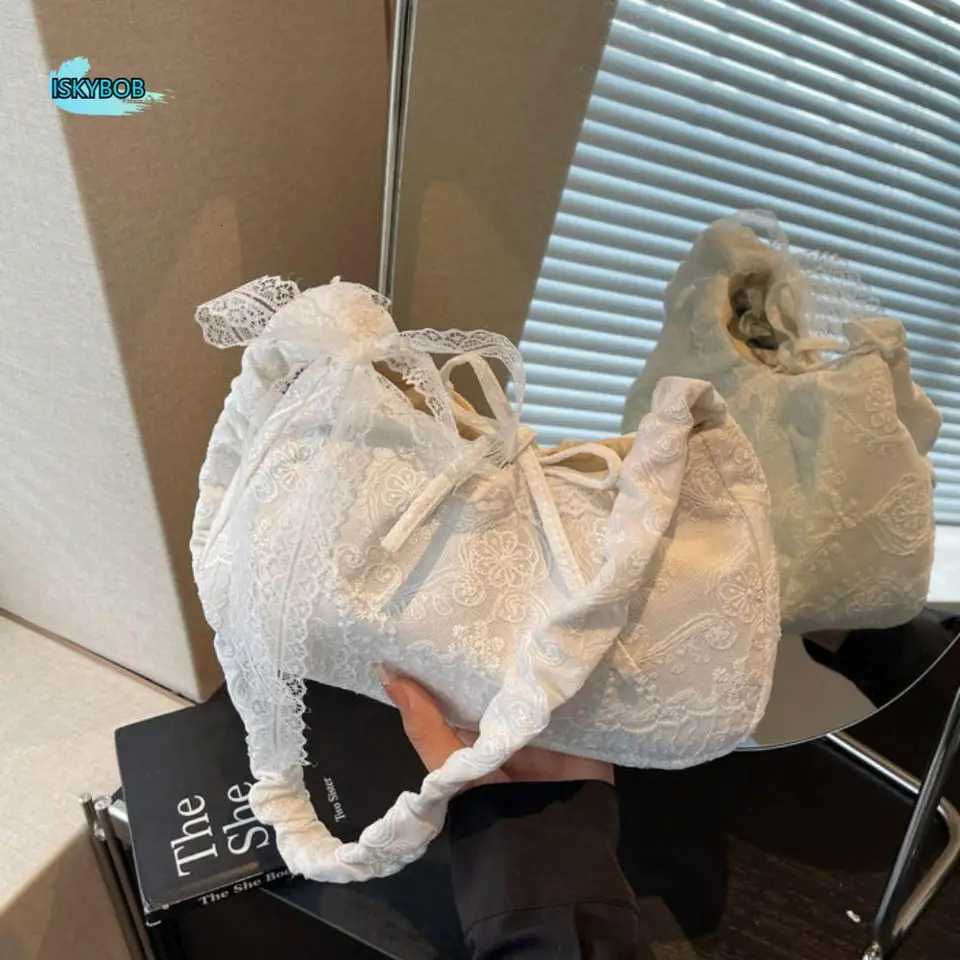 Storage Bag Tote Bag Lace Shoulder Bag Pleated Strap With Ribbon Simple Canvas Handbag Simple Cloth Large Capacity Bag CoupleT2511112