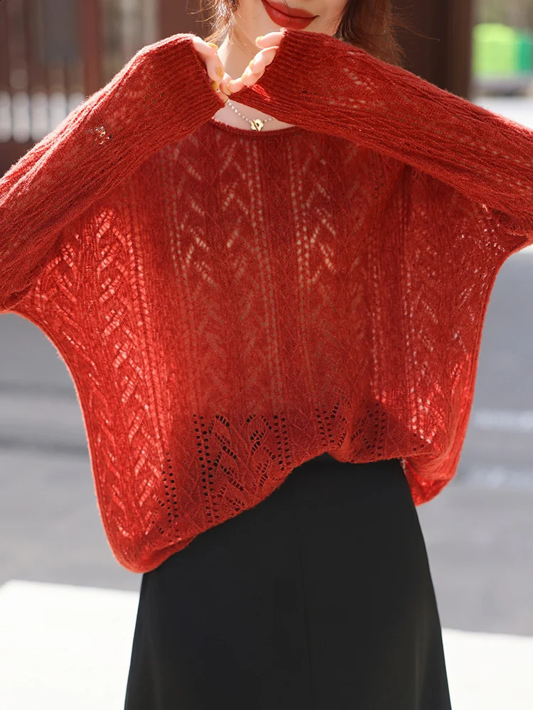 Spring Summer Ladies Hollowed Out Knit Pullover Fashion Loose O-neck Women Silk Cashmere Sweater High End Soft Knitwears Tops 250411