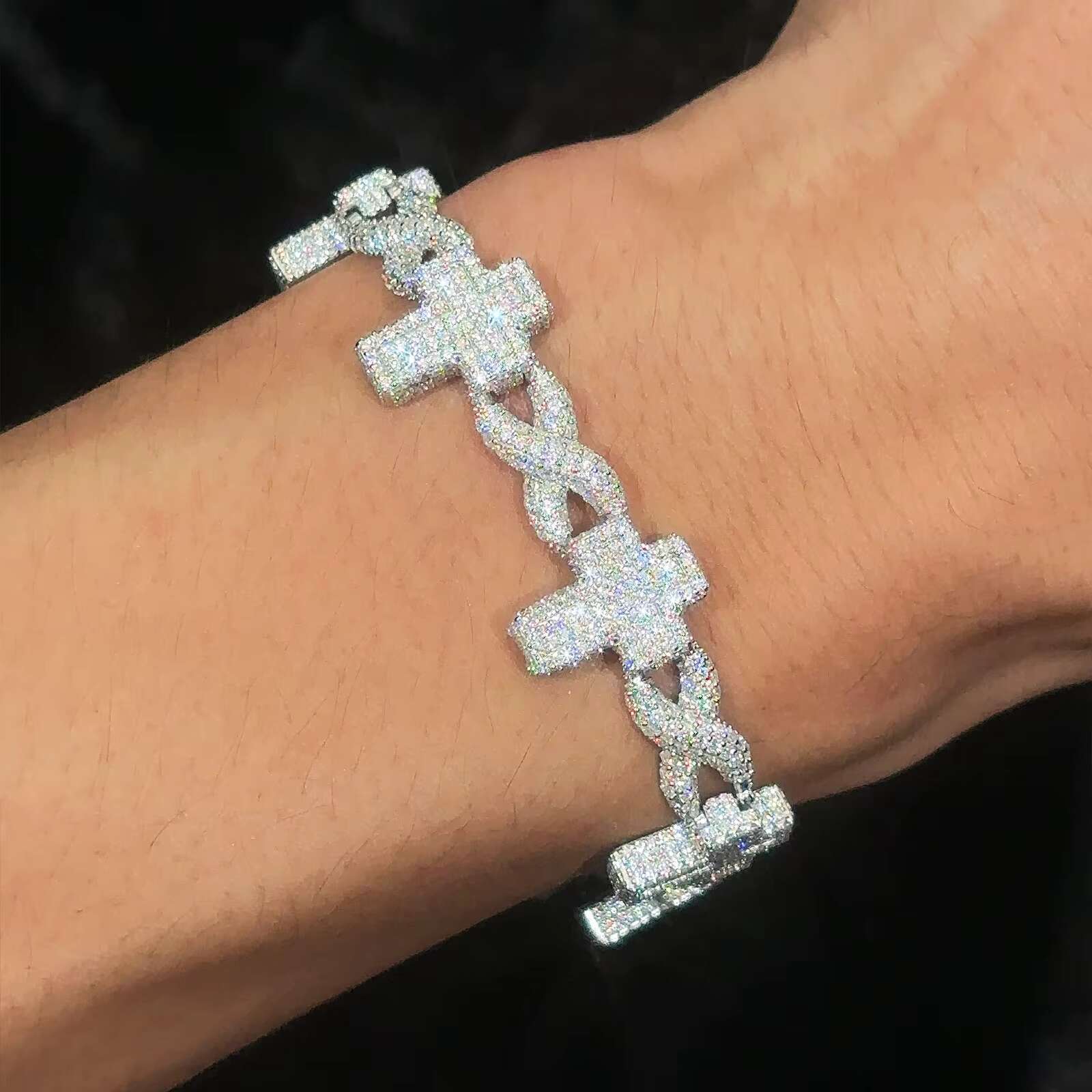 Pass Diamond Tester 11mm Moissanite Evil Eye Infinity Cuban Link Bracelet 925 Silver VVS Mossanite Iced Out Cross Cuban Bracelet