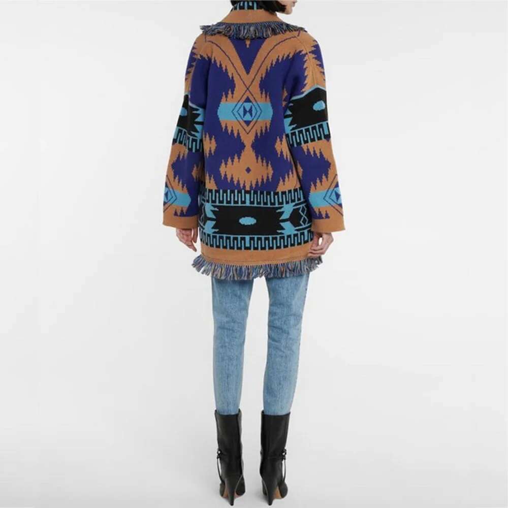 WQJGR Winter Cardigan Sweater Women Wool Kniited Tassel Colorful Print Loose Full Sleeve High Quality Sweaters Female Coat