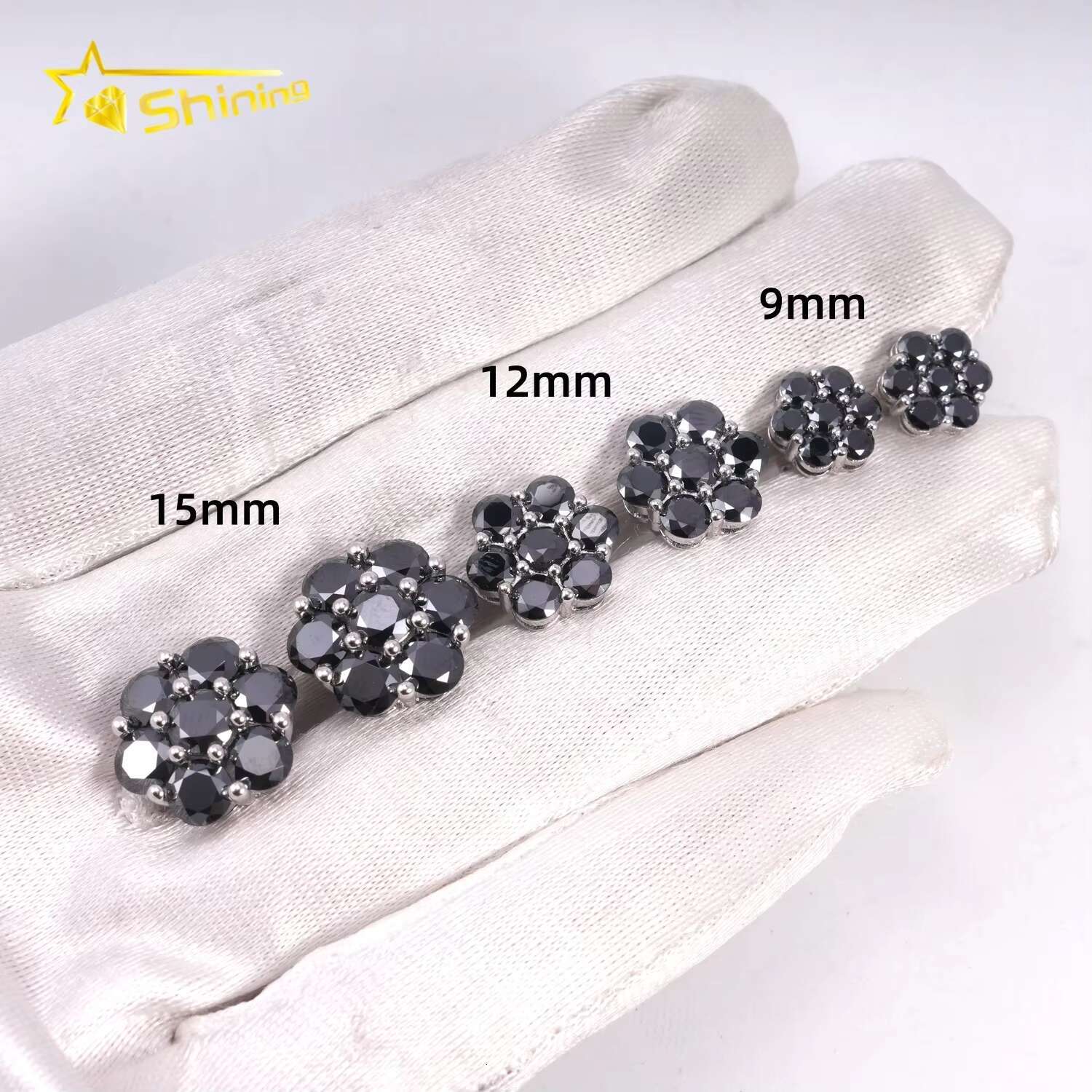 Hot Sale Fine Jewelry Black Diamond Hip Hop Iced Out 925 Sterling Silver Flower Moissanite Earrings