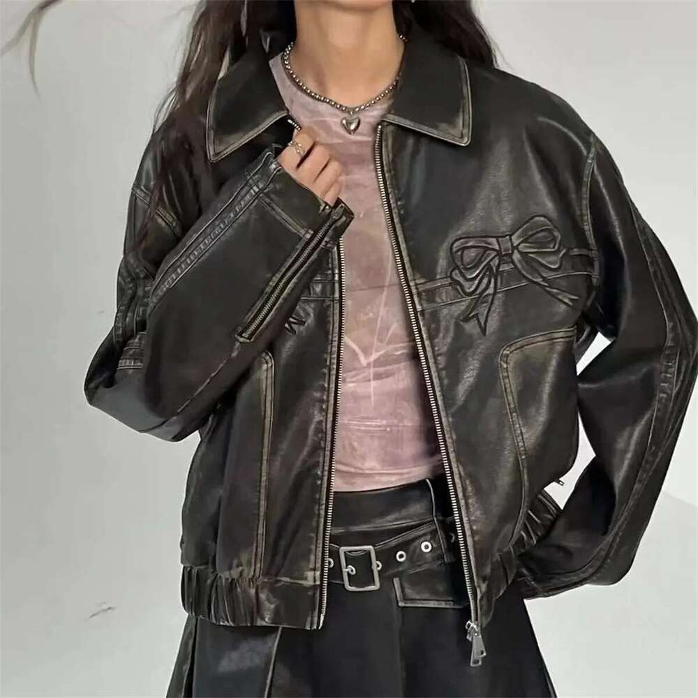 Designer Clothes Women Vintage Lapel Collar Jackets Haruku Bow Zipper Pu Overcoat Female Casual Tops Winter Autumn Streetwear Chic Y2k Clothes