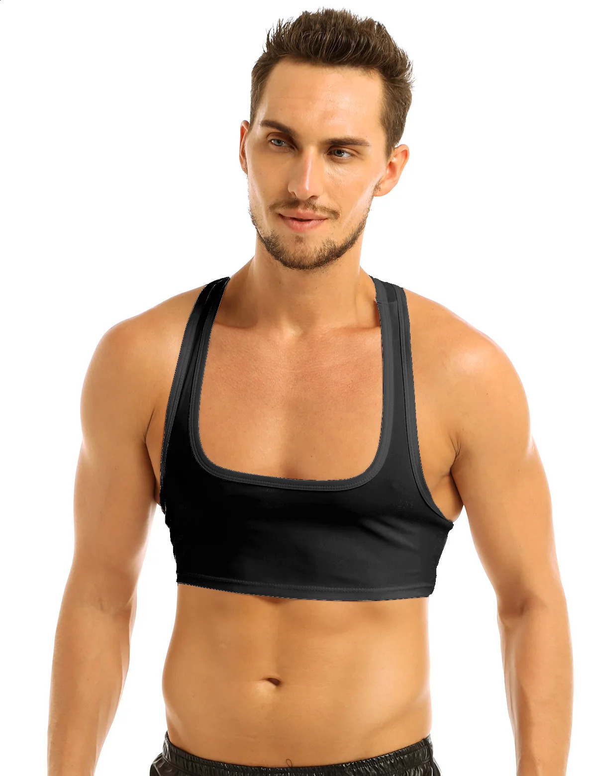 Mens sleeveless racing back muscle crop top vest fitness gym exercise training half Tshirt underwear club uniform 250407