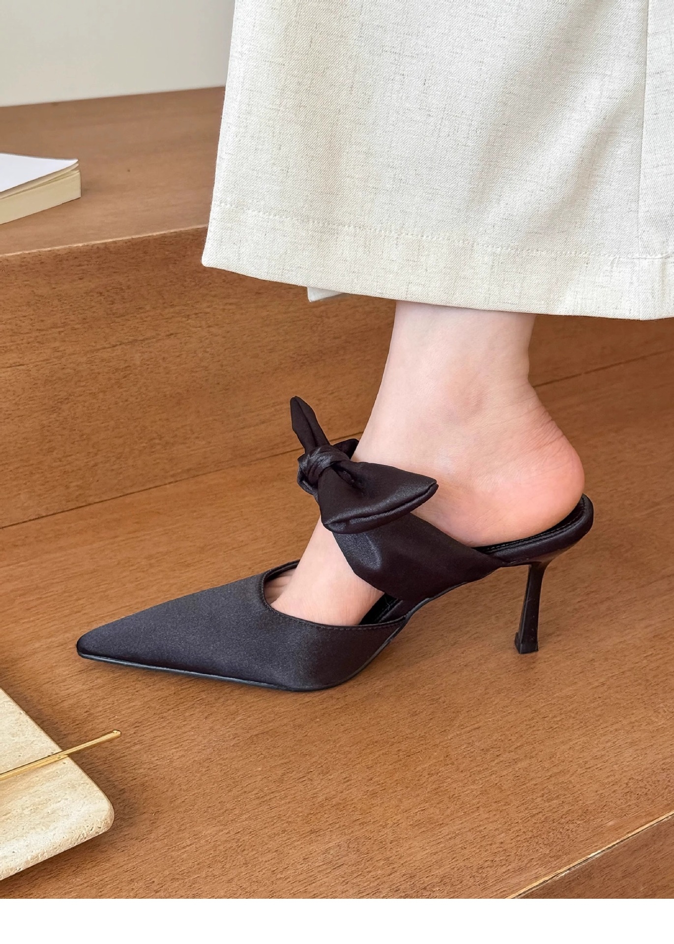 Summer new satin pointy bow Mueller Stiletto heels women's stylish half slippers in a variety of colors Free shipping 34-39