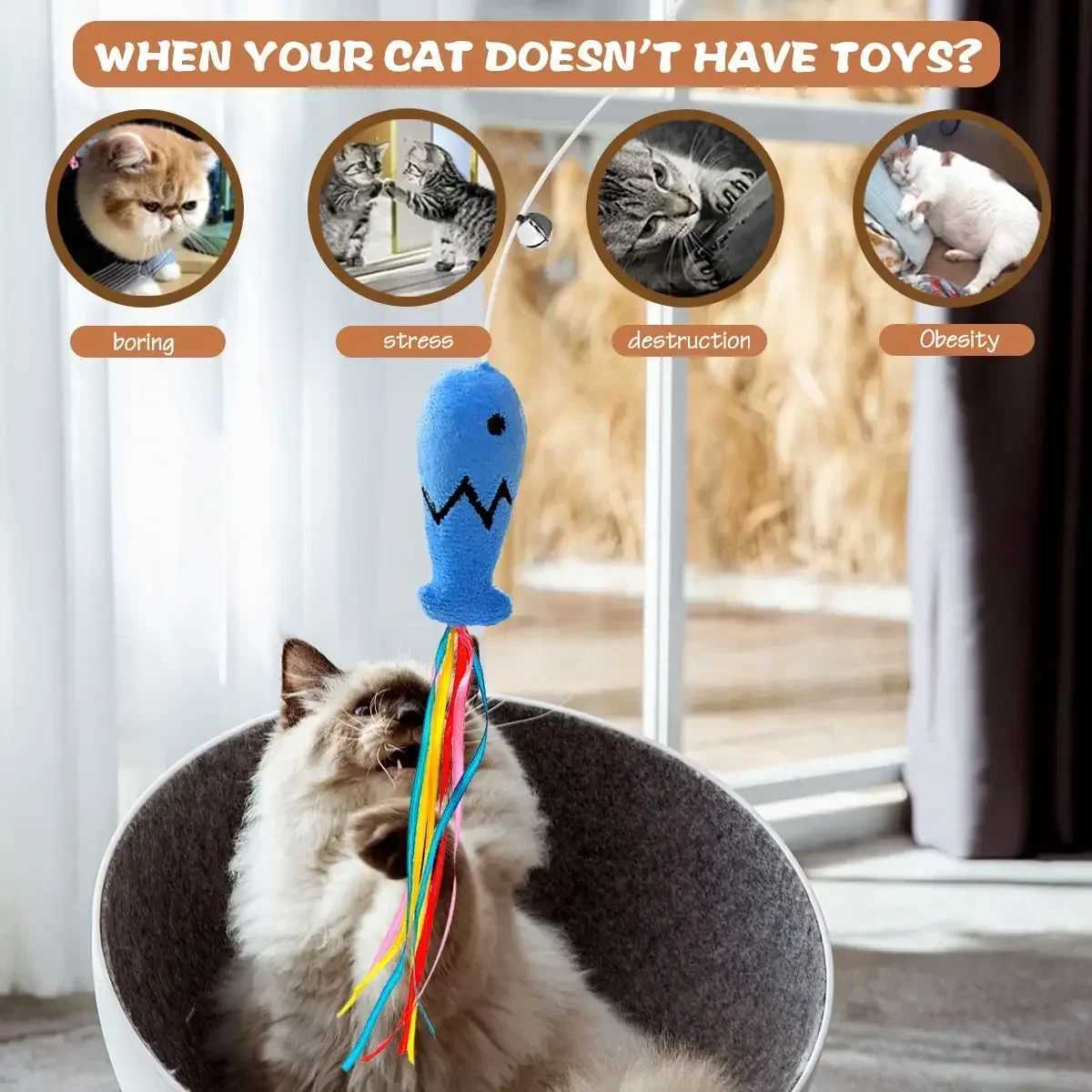 Fashionable cat stick toys natural wooden cat teasing sticks interactive elastic string cat stick toys Y250412