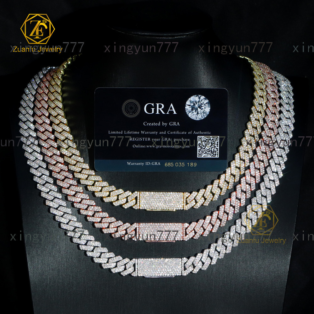 Classic Moissanite Cuban Chain Necklace Hip Hop Jewelry 925 Sterling Silver 10MM 13MM 15MM VVS Moissanite Cuban Link Chain