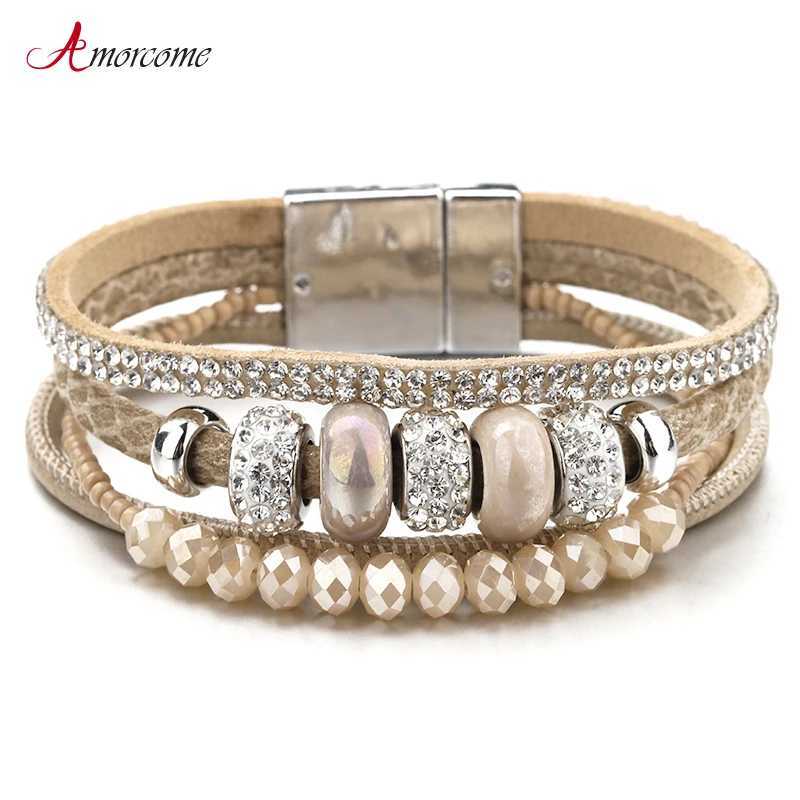 Amorcome Multilayer Leather Bracelets for Women Magnetic Clasp Boho Ceramic Bead Charm Wrap Bracelet Female Jewelry DropshippingC250411