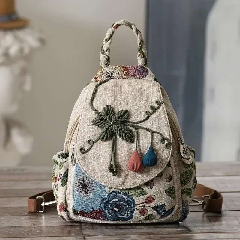 Ethnic Style Backpack Hand Woven Double Shoulder Multi Compartment Lightweight Canvas Commuting Multi-Functional Chest Bag 2024