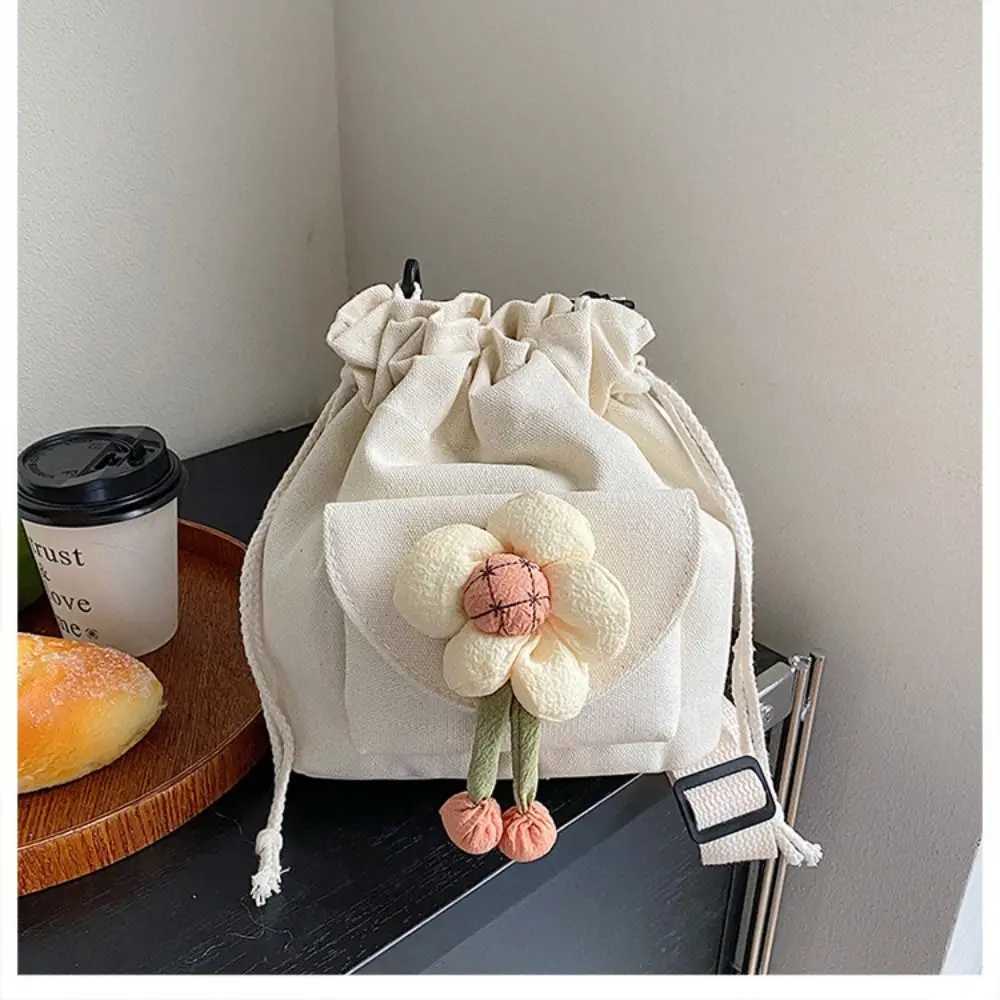 Canvas+Polyester Canvas Bucket Bag Drstring Bucket Flower Versatile Armpit Bag Japanese Style Drstring Shoulder BagXJ250412