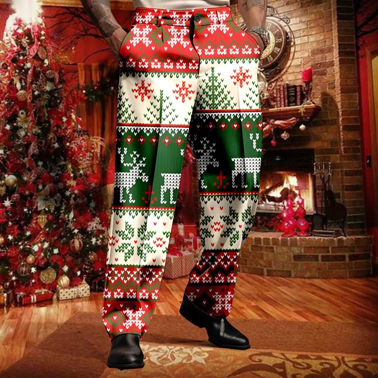 Merry Christmas set pants mens snowflake print Trouser holiday casual button dress pants party Christmas formal pants W250411