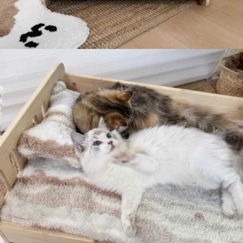 Solid wood pet cat and dog bed with mat scratch resistant canvas seasonal mat mini dog bed indoor pet furniture X250412