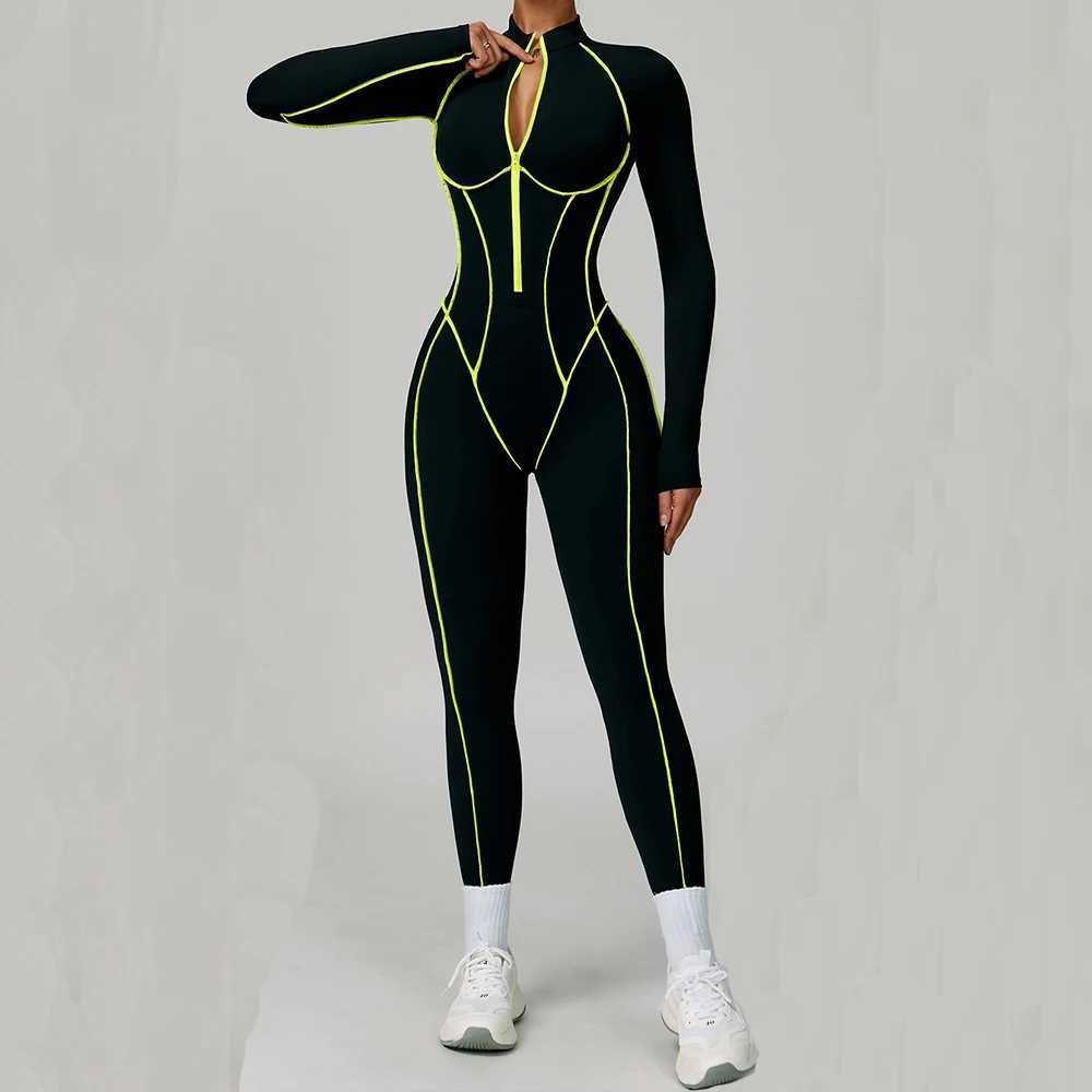 Yoga Boilersuit Long Sleeved Womens Sportswear Gym Set Zipper Jumpsuits Workout High-intensity Fitness One-piece Color Blocking J251112