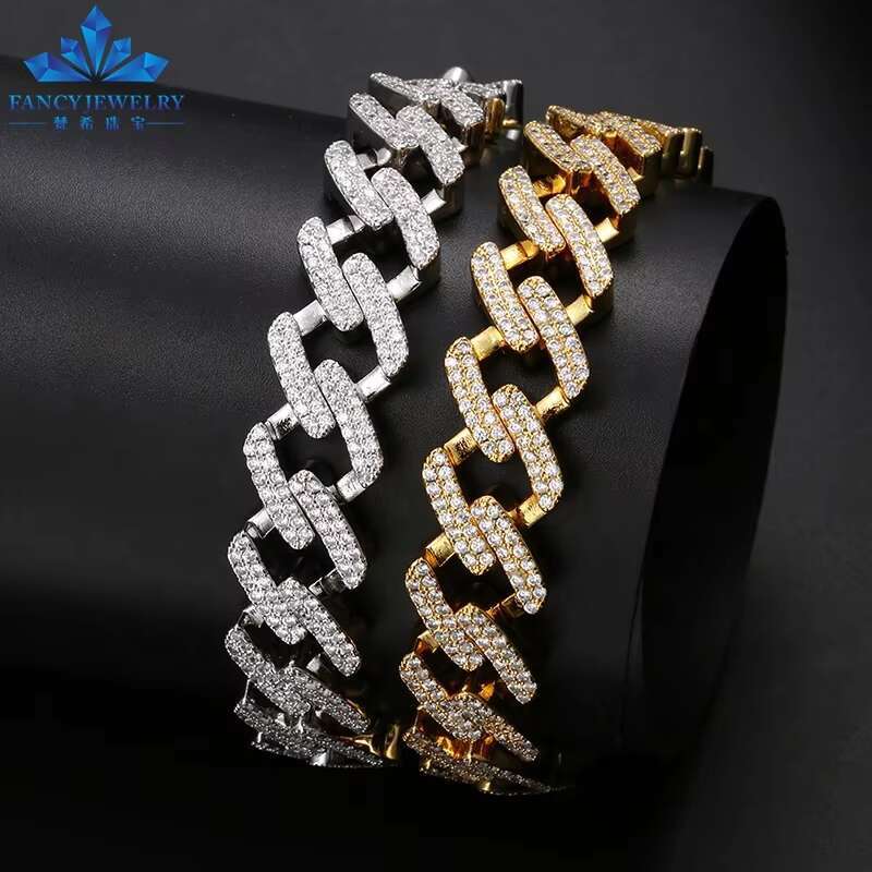 Wholesale 14MM Real Gold Plating Trendy 925 Silver Necklace Moissanite Cuban Link Chain Hip Hop Jewelry Iced Out Cuban Chain