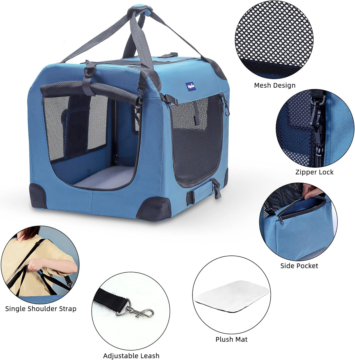 Petprsco portable foldable dog case, travel dog case 60.96 x 43.18 cm, with soft warm blanket and foldable bowl, suitable for large cats and small dog